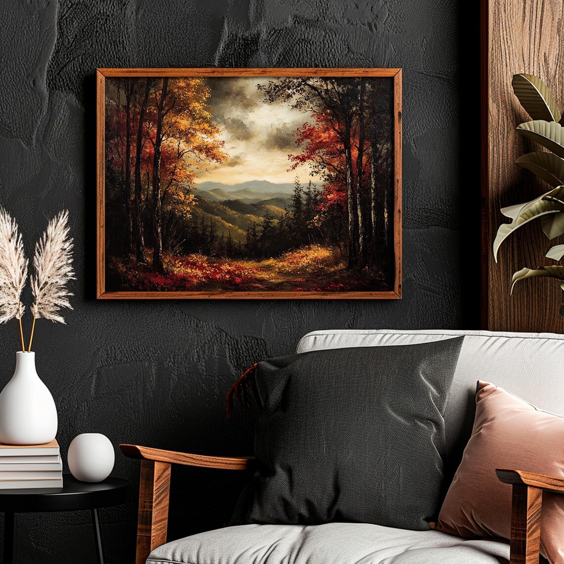 Dark Fall Forest Mountain Valley Stormy Sky Moody Landscape Painting Poster - Image 4