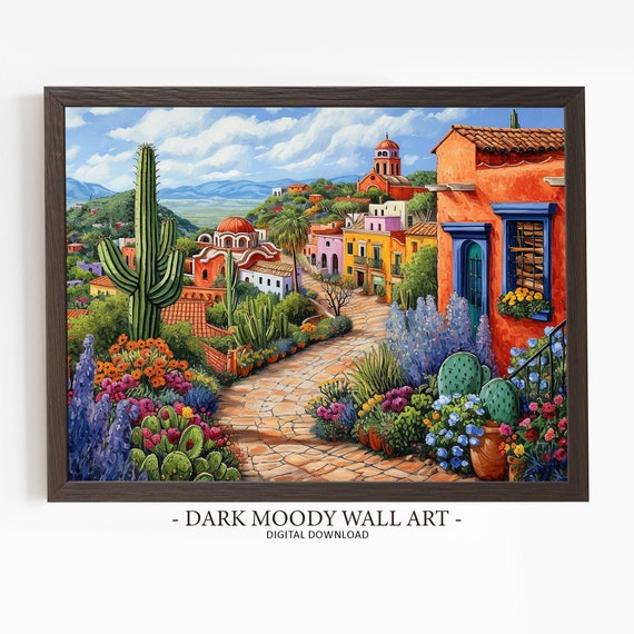 Mexican Village Poster Print, Spanish Colonial Cactus