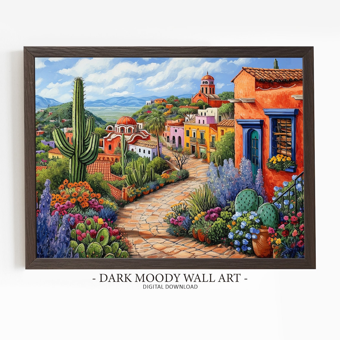 Mexican Village Poster Print, Spanish Colonial Cactus