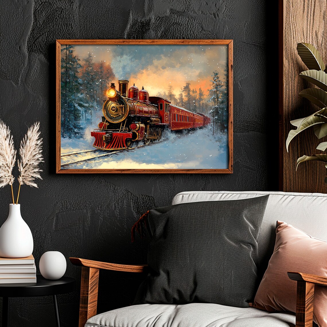 Vintage Red Steam Train Snowy Forest Sunset Scene Painting Poster - Image 5