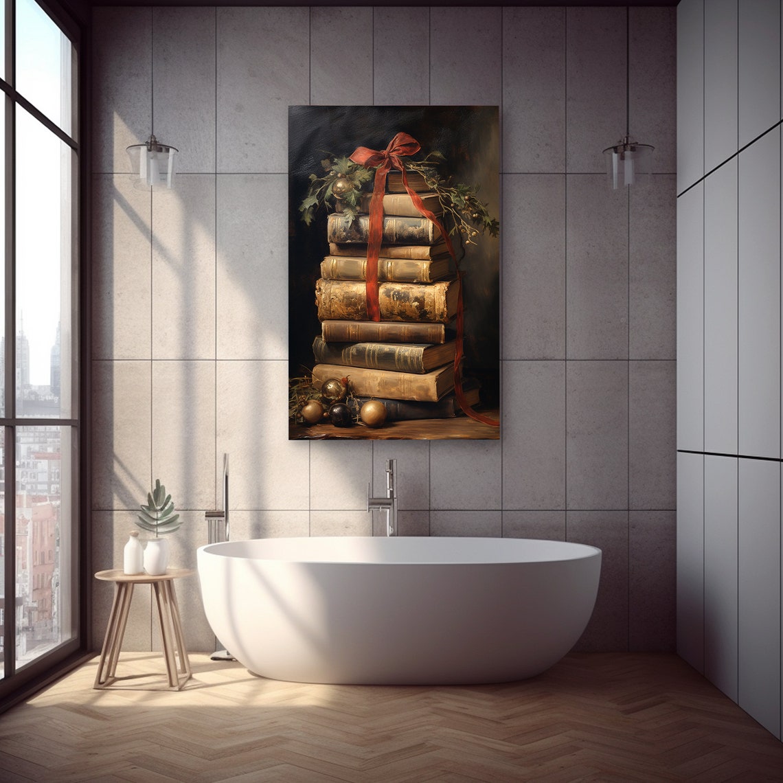 Christmas Book Stack Red Ribbon Vintage Library Painting Poster - Image 2