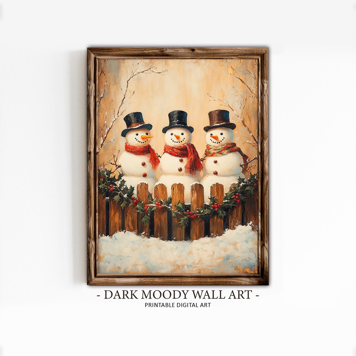 Three Snowmen Fence Holly Top Hats Red Scarves Winter Poster - Image 2