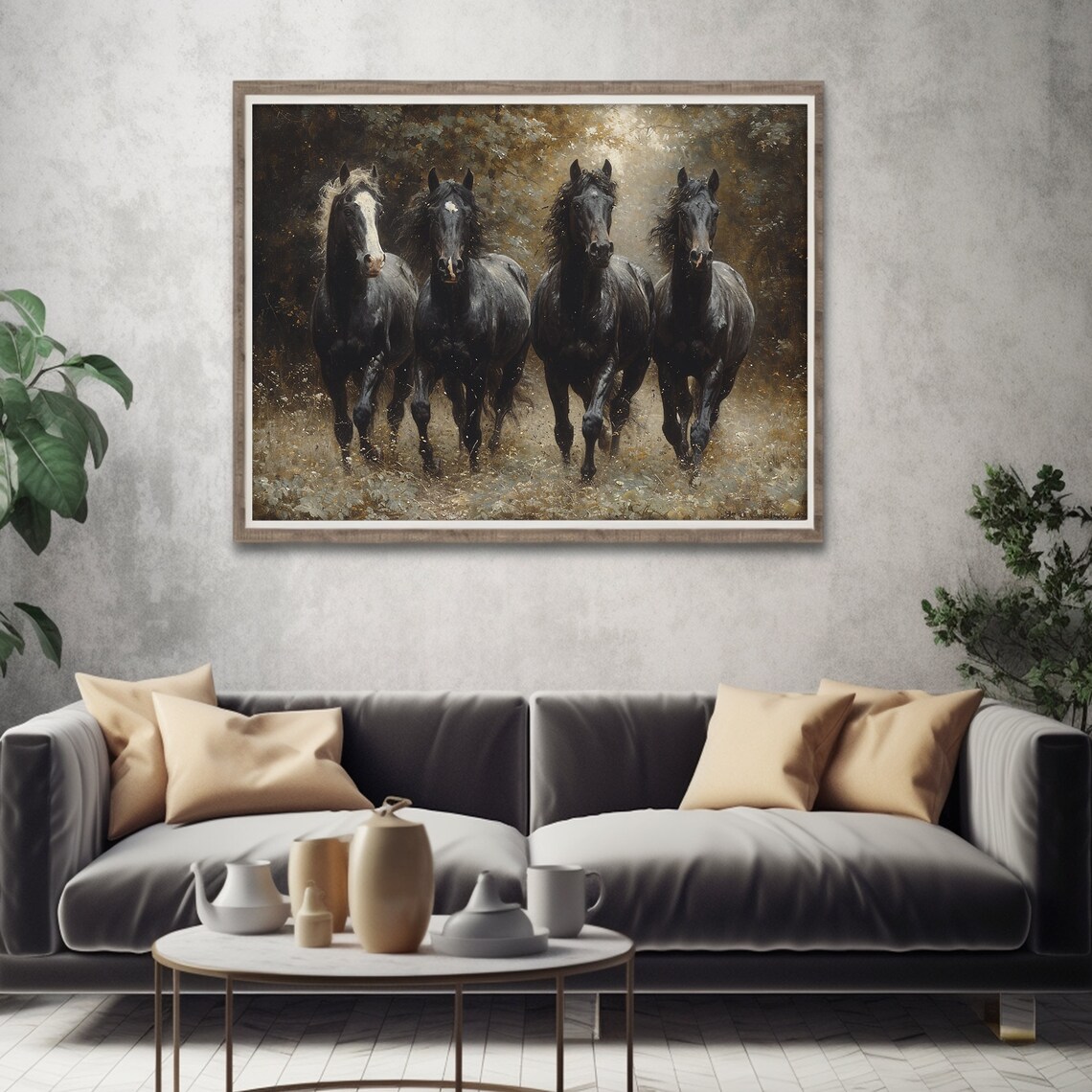Four Black Horses Herd Dark Moody Equestrian Oil Painting Poster - Image 4