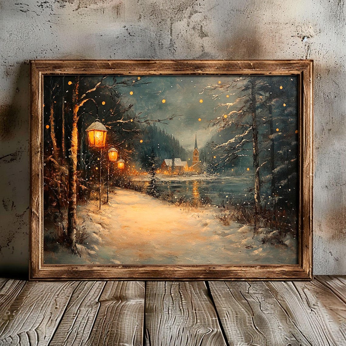 Snowy Lantern Path Silent Night Church Winter Landscape Poster - Image 2