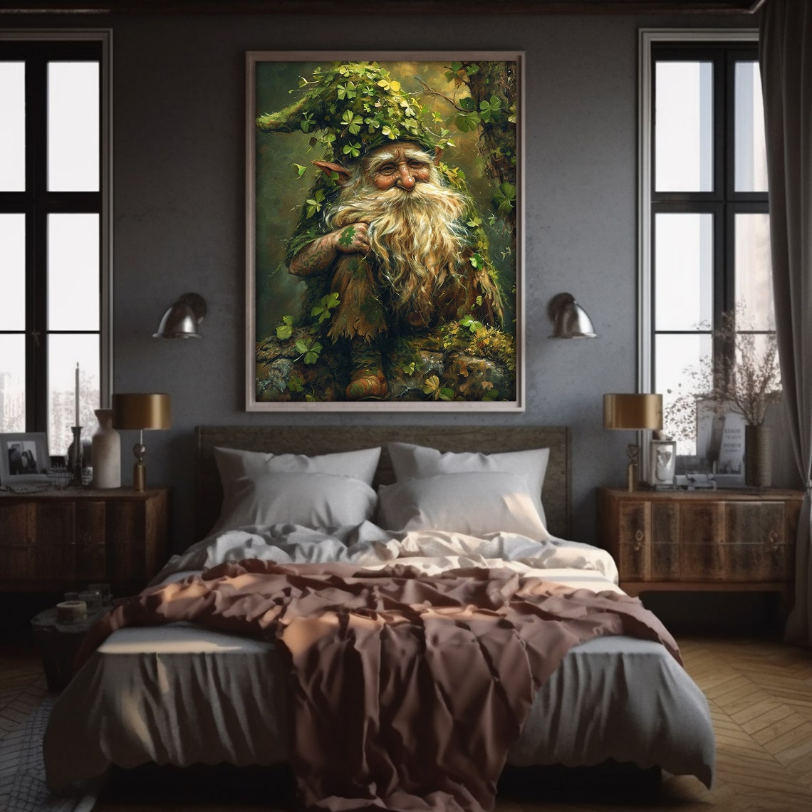 Forest Gnome With Clover Hat Dark Moody Vintage Oil Painting Wall Art - Image 6