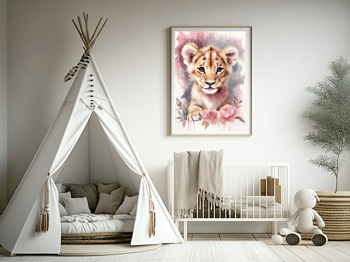 Baby Lion Cub Pink Roses Watercolor Nursery Animal Art Poster - Image 2