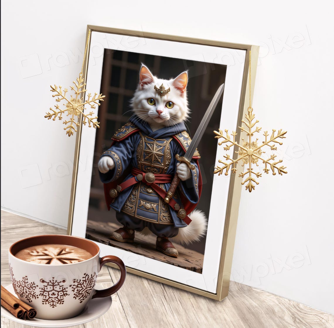 Brave White Cat Samurai Warrior in Blue Armor with Sword Poster - Image 5