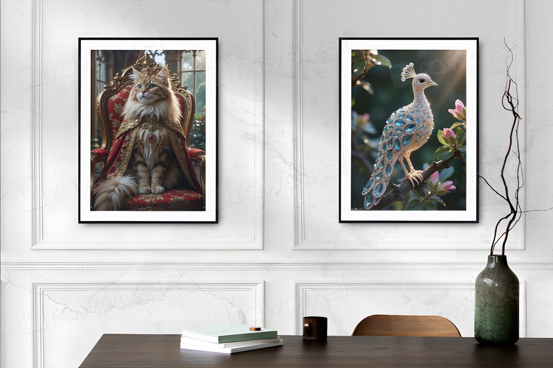 Regal Cat in Royal Robe Seated on Ornate Throne Portrait Poster - Image 2