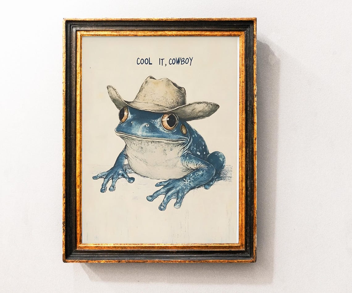 Cool It Cowboy Blue Toad Western Retro Funny Amphibian Art Poster