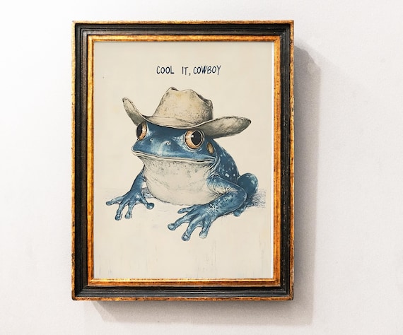 Cool It Cowboy Blue Toad Western Retro Funny Amphibian Art Poster