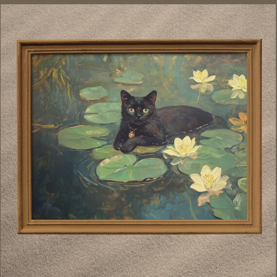 Black Cat Among Water Lilies Impressionist Pond Artwork Poster