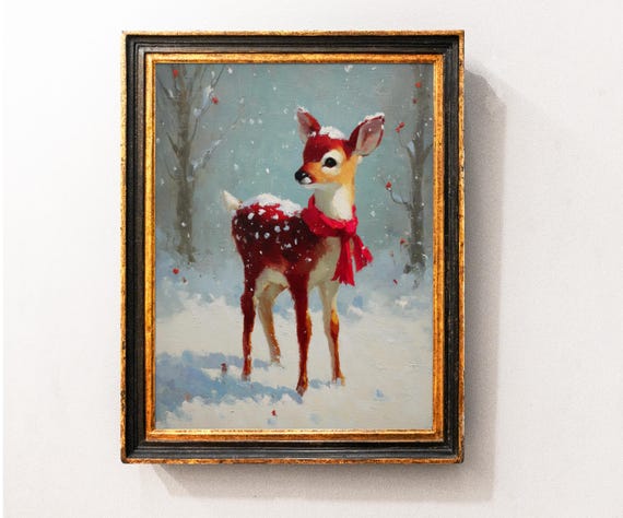 Cute Reindeer Christmas Vintage Wall Art Rustic Print Xmas Painting Winter Decor