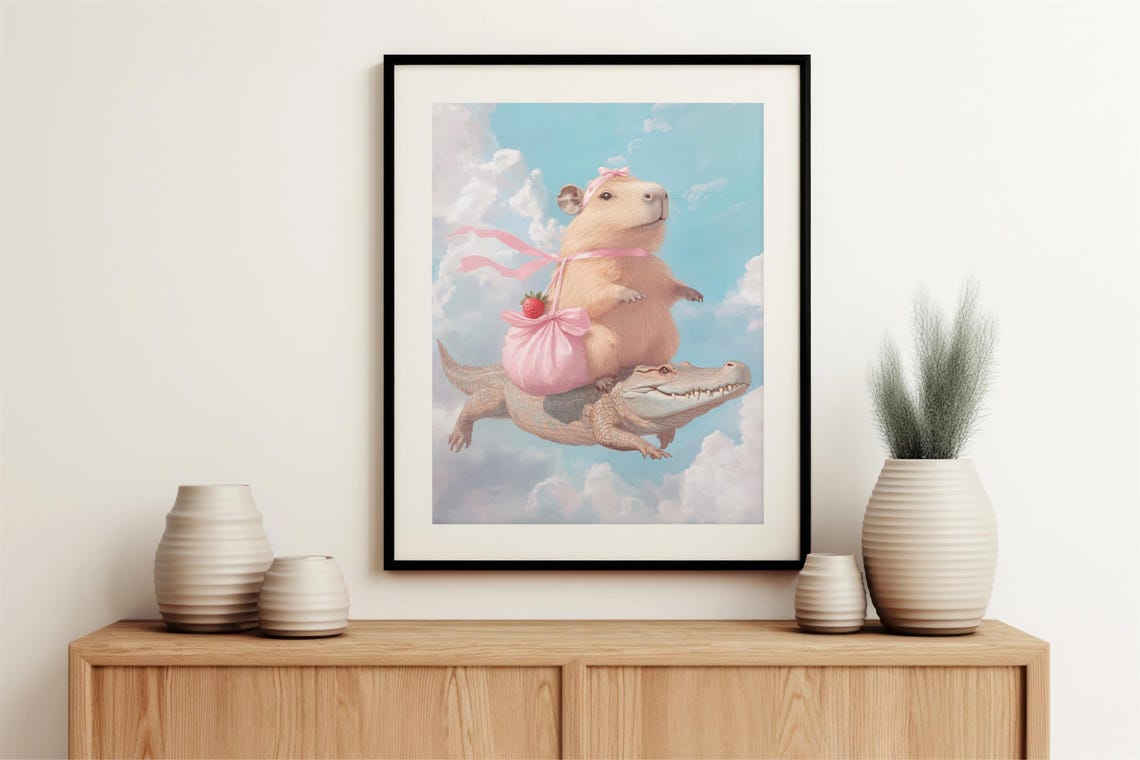 Cute Capybara Riding Gator, Funny Animal Art Print - Image 4