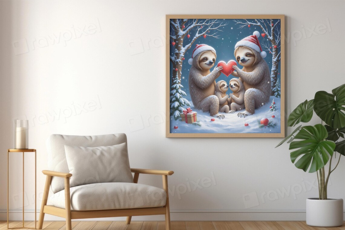 Festive Christmas Sloth Family Holding a Red Heart in Snow Poster - Image 6