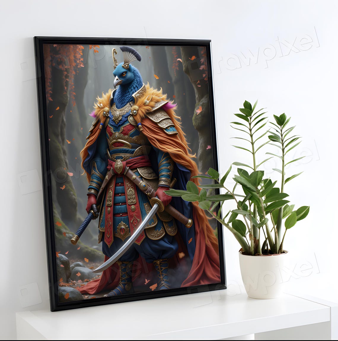 Armored Peacock Warrior with Drawn Sword in an Autumn Forest Poster - Image 5