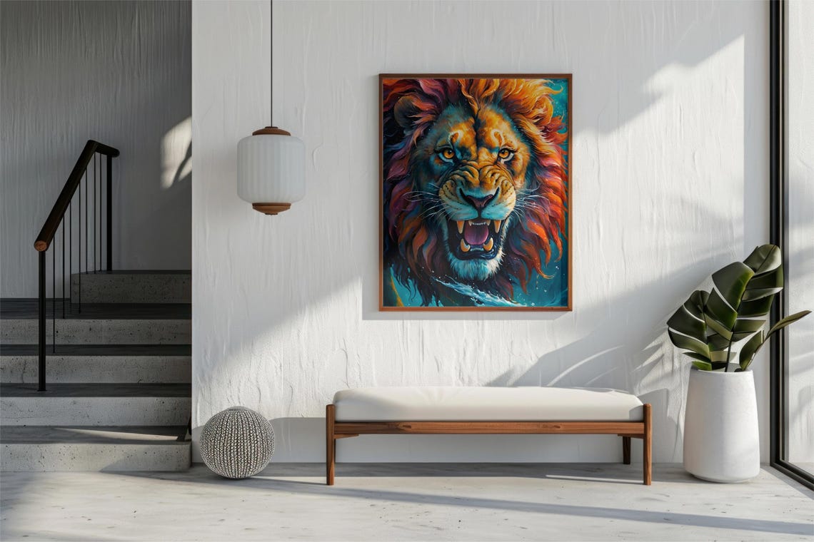 Roaring Lion with Fiery Colorful Mane Close-Up Portrait Poster - Image 4