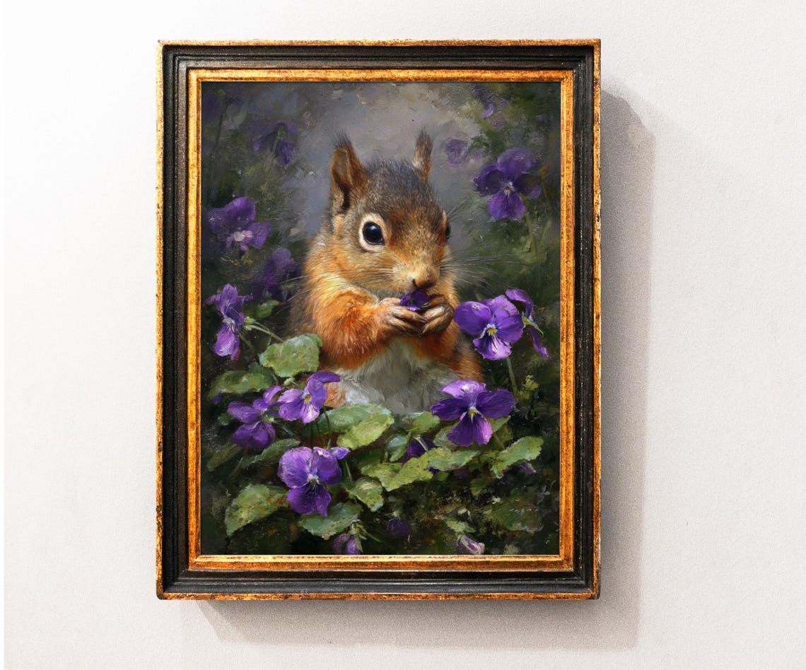 Red Squirrel Among Violet Pansies Vintage Oil Painting Poster