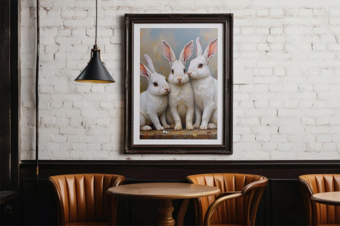 Three White Rabbits Vintage Oil Painting Style Portrait Poster - Image 4