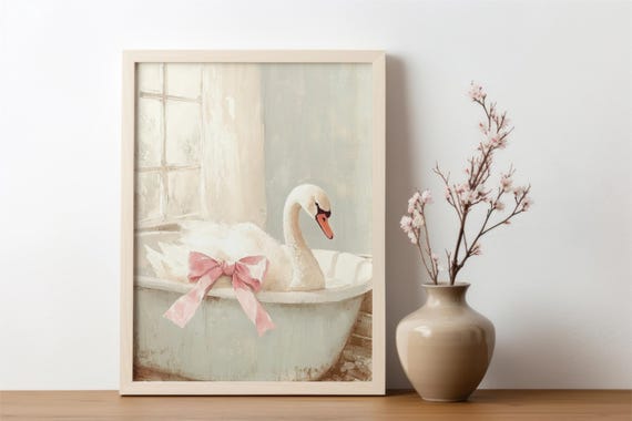Bathroom Swan Pink Bow In Tub Print Cute Poster Funny Wall Decor Art Painting