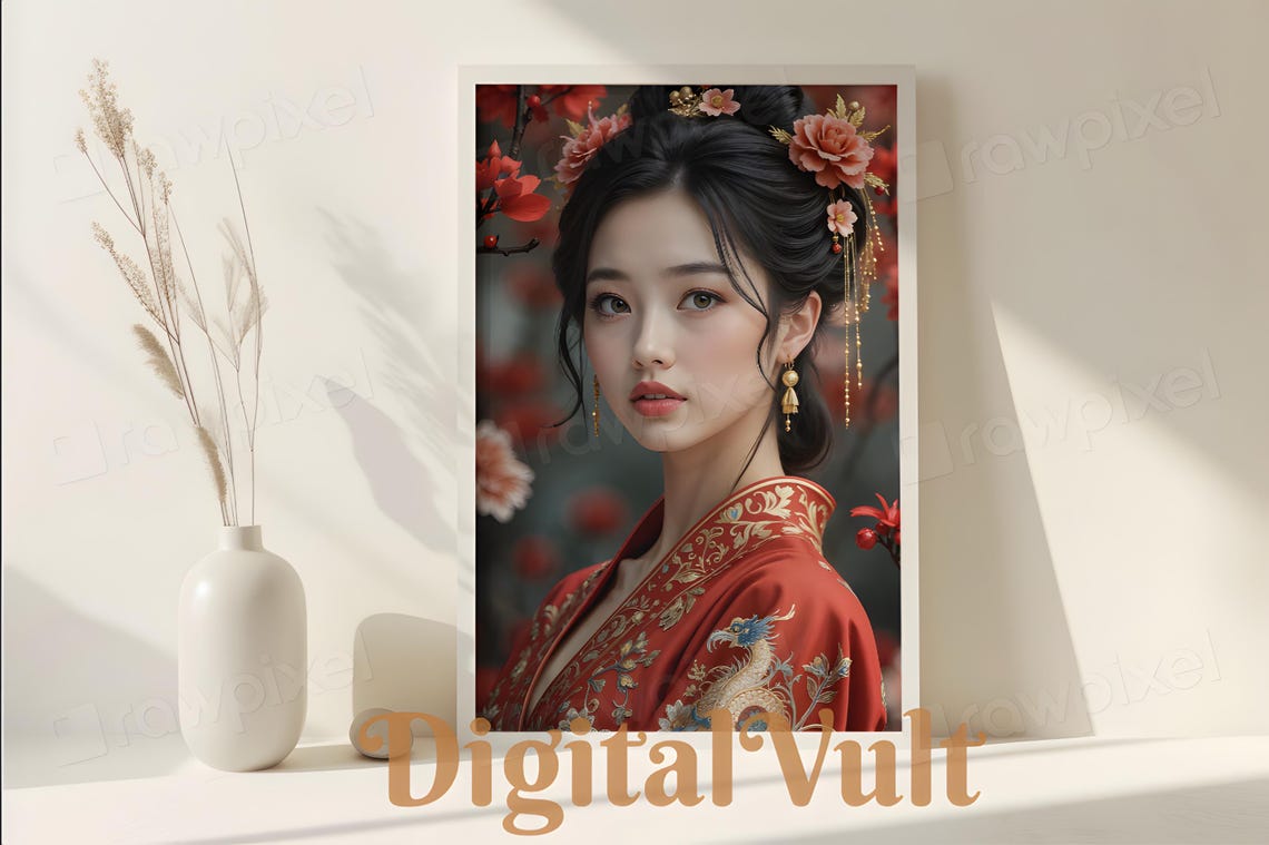Elegant Woman in a Red Embroidered Robe in a Blooming Garden Poster - Image 2