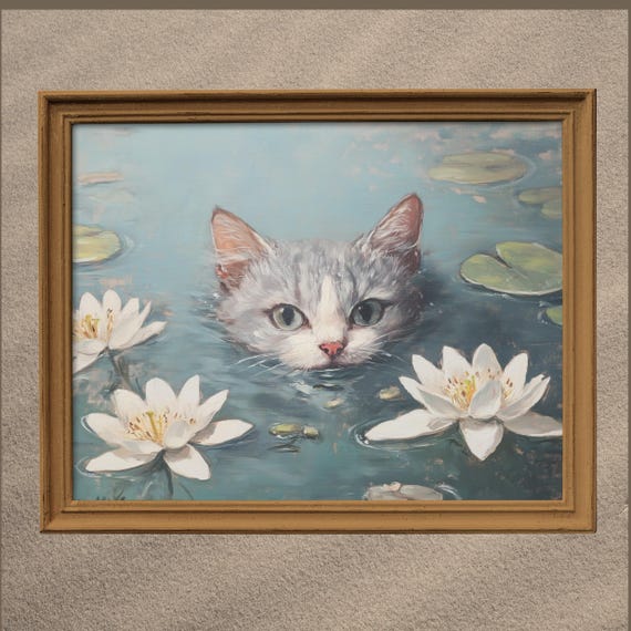 Monet-Inspired Grey Cat Print, Vintage Water Lilies