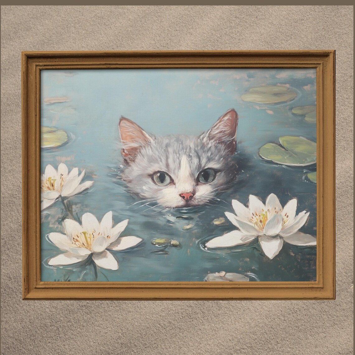 Monet-Inspired Grey Cat Print, Vintage Water Lilies
