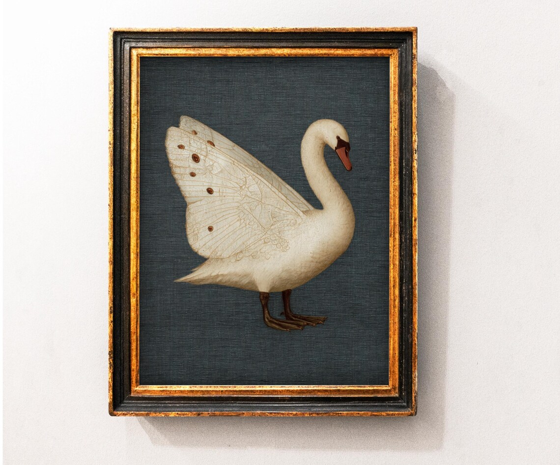 Surreal Swan With Moth Wings Antique Style Moody Bird Art Poster