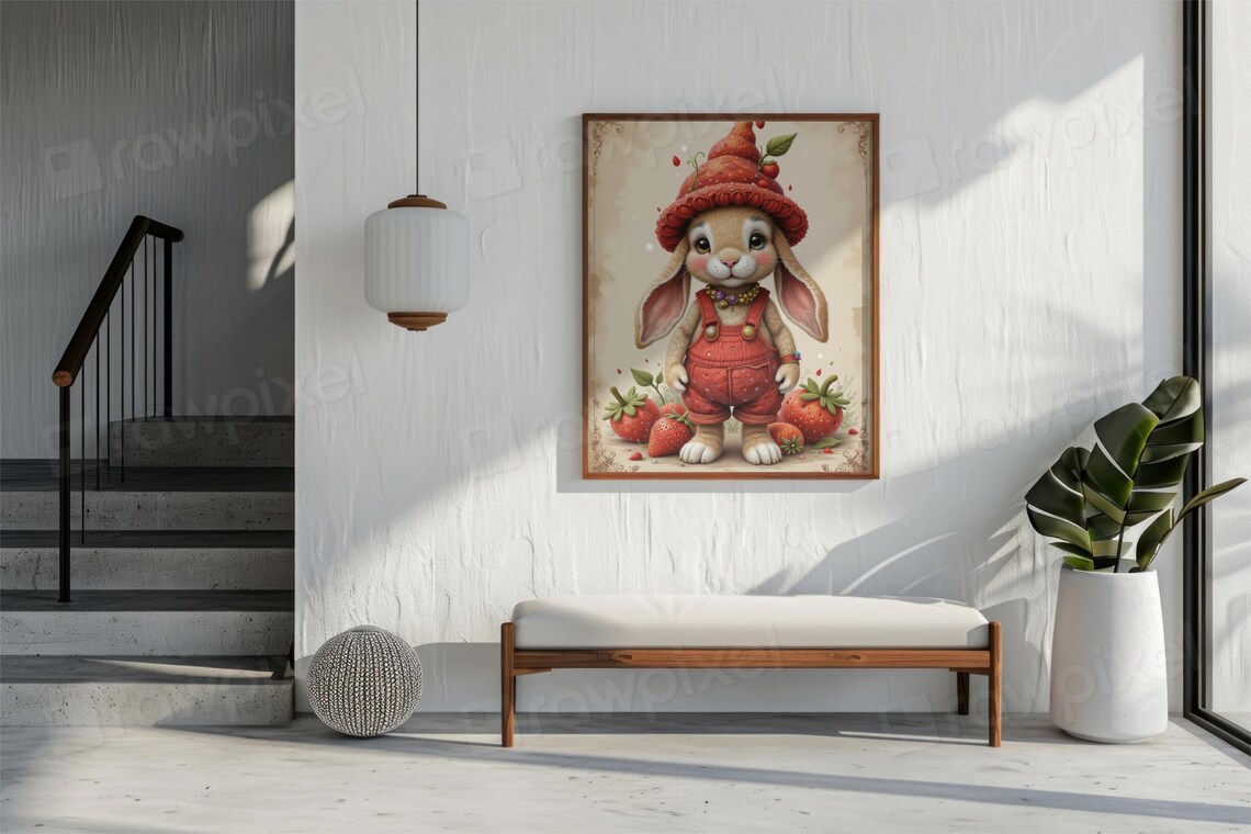 Adorable Lop-Eared Bunny in Strawberry Hat and Red Overalls Poster - Image 4