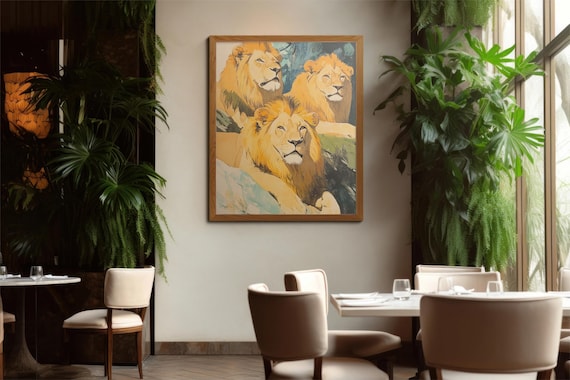 Three Majestic Lions Portrait Safari Animal Painting Art Poster