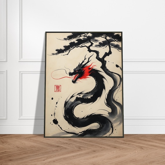 Japanese Sumie Dragon Art Print Metal Framed Wall Decor On Museumquality Paper Ink Wash Serpent Painting