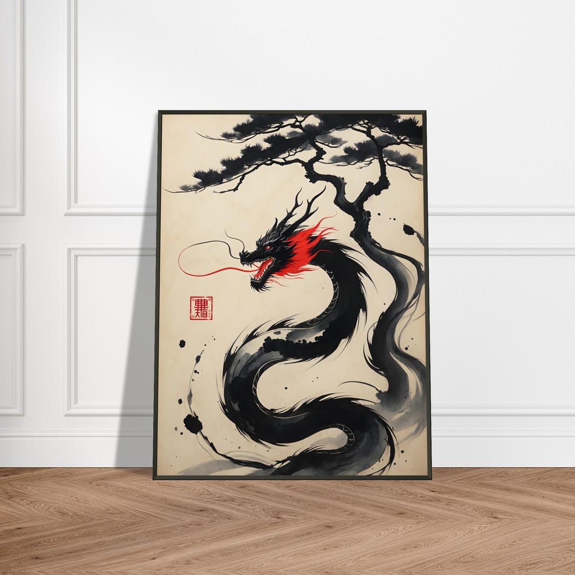Japanese Sumi-e Ink Dragon Beneath a Twisted Pine Tree Poster