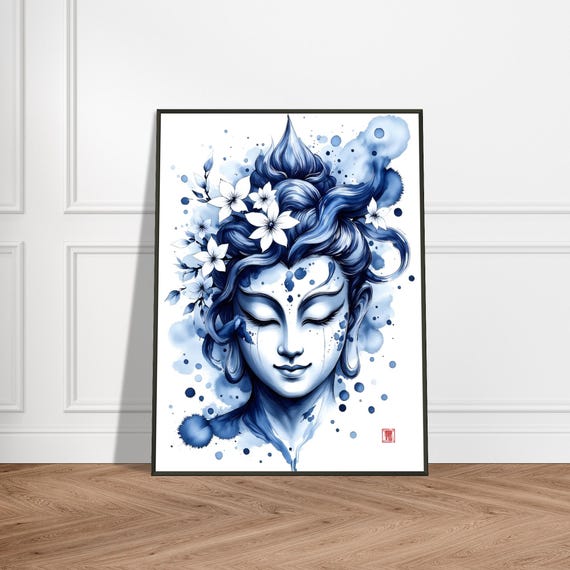 Blue Buddha Wall Art Serene Japanese Watercolor Portrait With Floral Accents Metal Framed Zen Spiritual Decor For Meditation Space