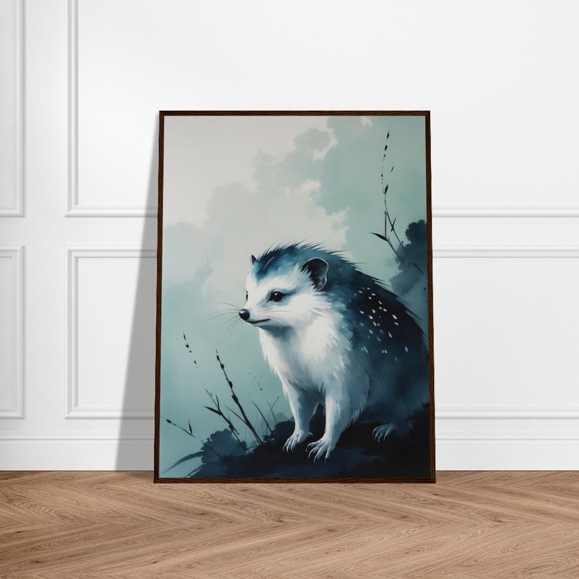 Serene White Hedgehog in Misty Landscape Japanese Art Poster