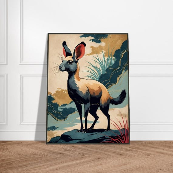 Elegant Hare With Long Ears In Japaneseinspired Landscape Ukiyoe Style Wildlife Art Mystical Nature Illustration Animal Wall Decor