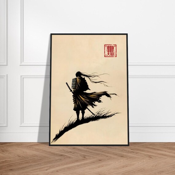 Samurai in Wind Minimal Japanese Sumi E Ink Brush Painting Poster