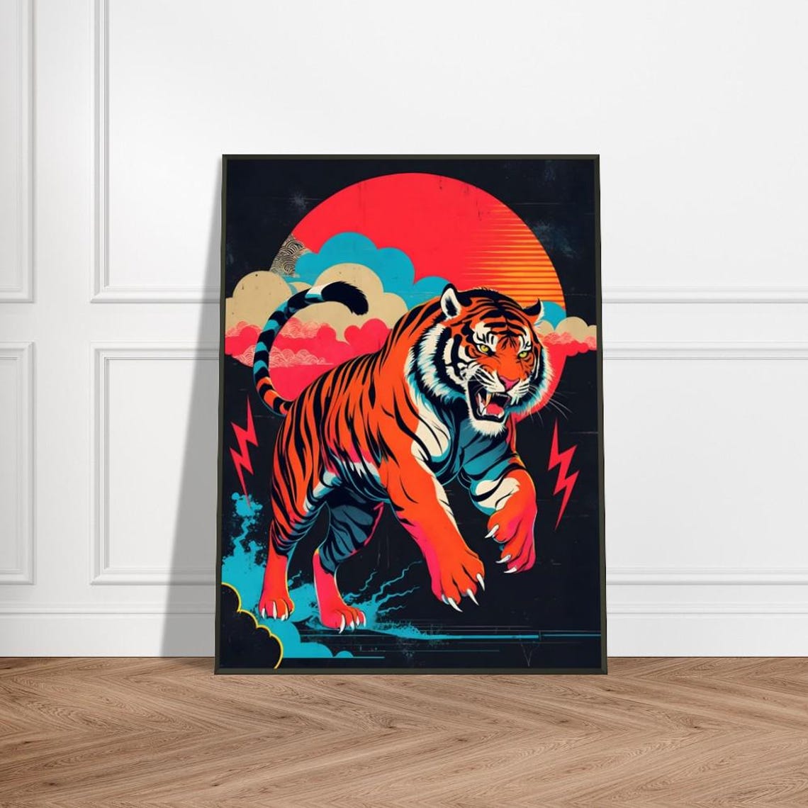 Charging Tiger With Lightning Bolts Red Sun Neon Japanese Poster