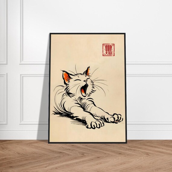 Yawning Japanese Cat Stretching With Orange Ear Accents Ink Poster