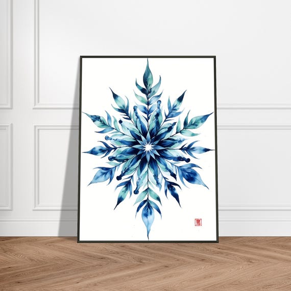 Blue Leaf Mandala Art Print Japanese Watercolor Botanical Illustration Zen Symmetry Nature Wall Decor Calm Floral Design