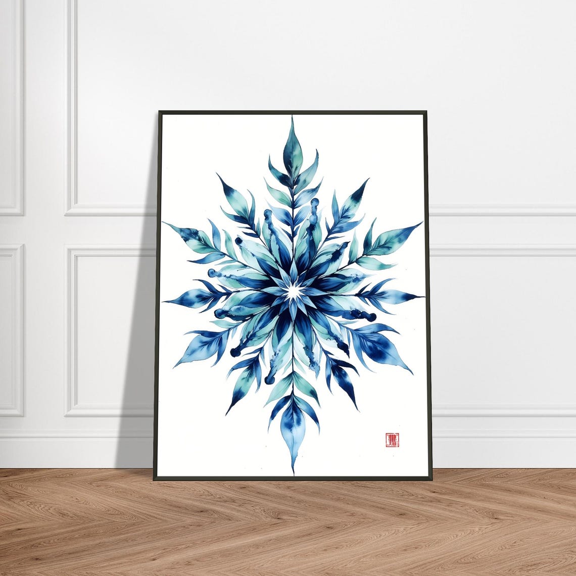 Blue Watercolor Snowflake Poster of Layered Botanical Leaves