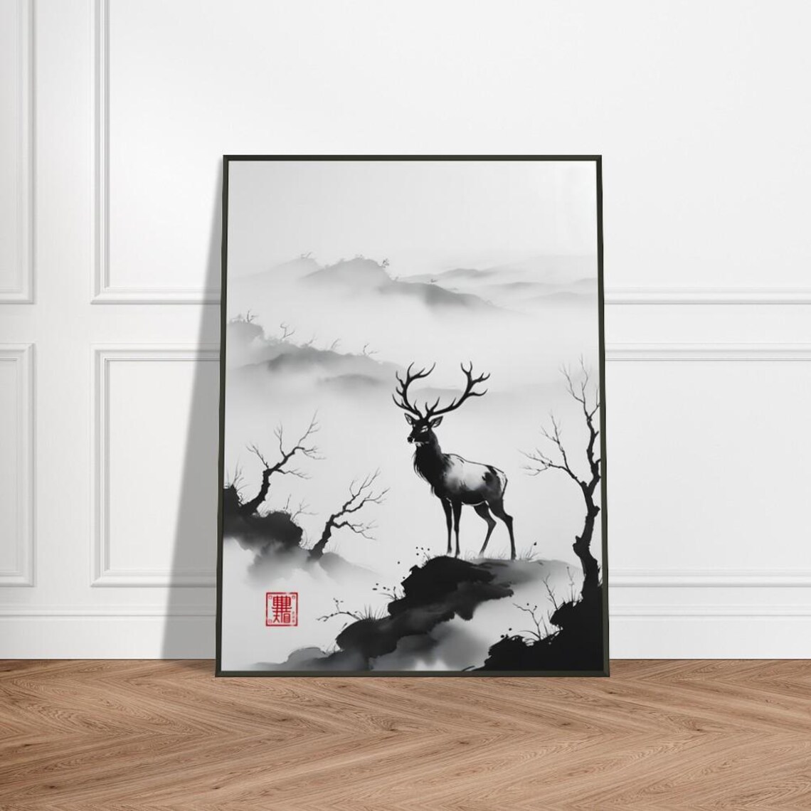 Majestic Stag Standing in Misty Mountains Japanese Ink Wash Poster