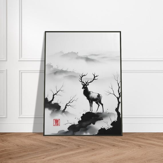 Deer Wall Art Japanese Ink Wash Painting With Misty Mountains Metal Frame Serene Wildlifeinspired Decor For Home Or Office
