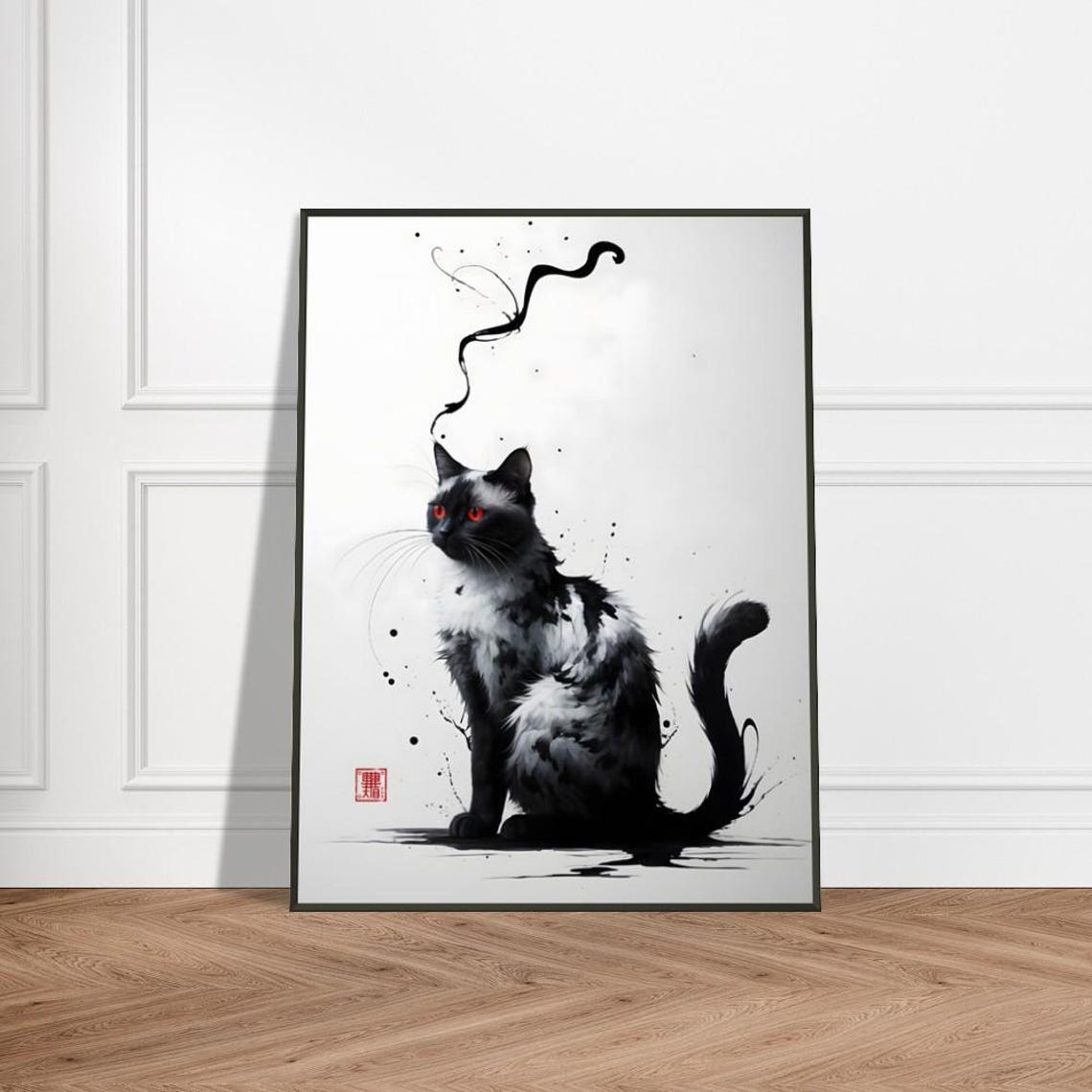 Red Eyed Black Cat Japanese Ink Splash Style Animal Art Poster