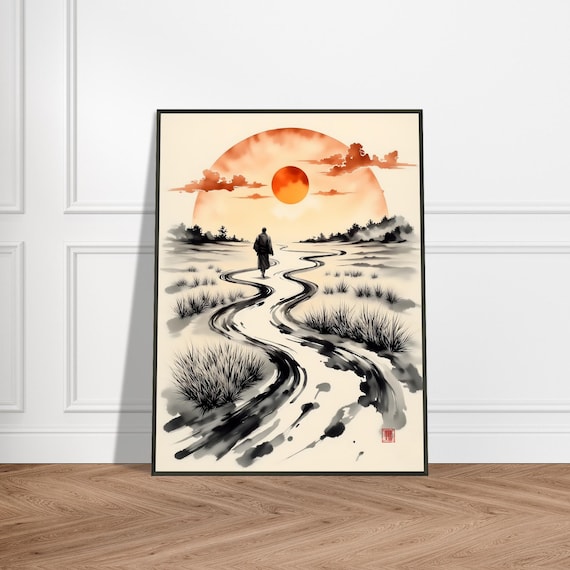 Zen Journey Monk Walking Toward Sunset Winding Path Ink Art Poster