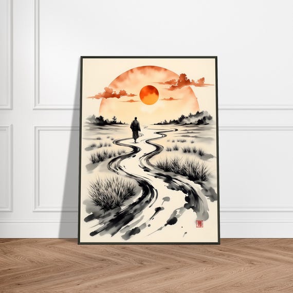 Zen Journey Wall Art Japanese Ink Style Monk Walking Toward Sunset Serene Metal Framed Spiritual Landscape Decor