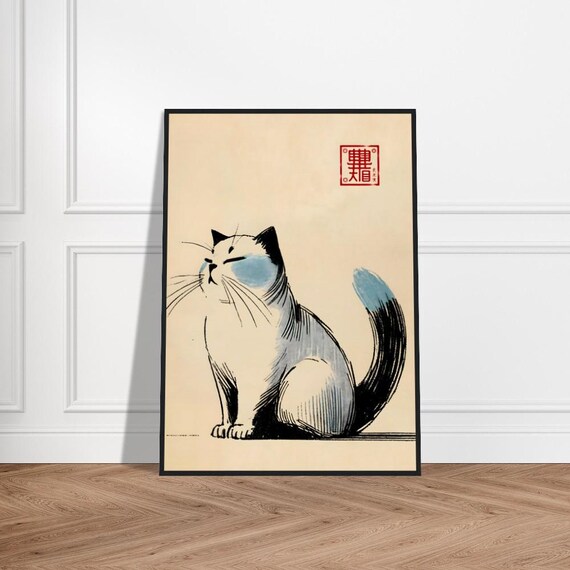 Japanese Cat Profile Blue Gray Markings Long Whiskers Ink Poster
