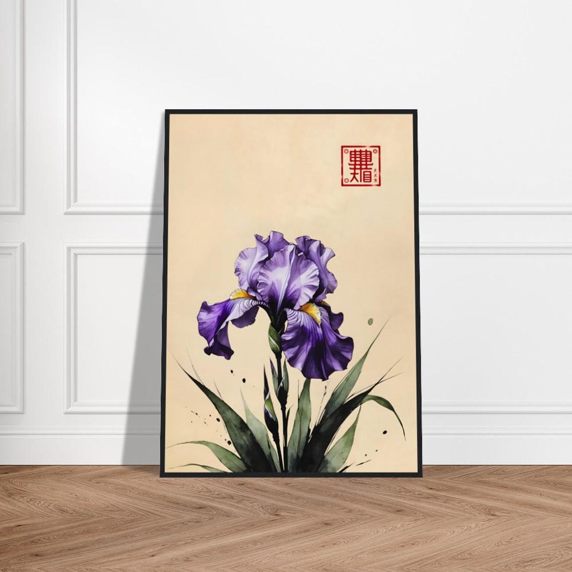 Purple Iris Bloom With Sword Leaves in Japanese Ink Style Poster