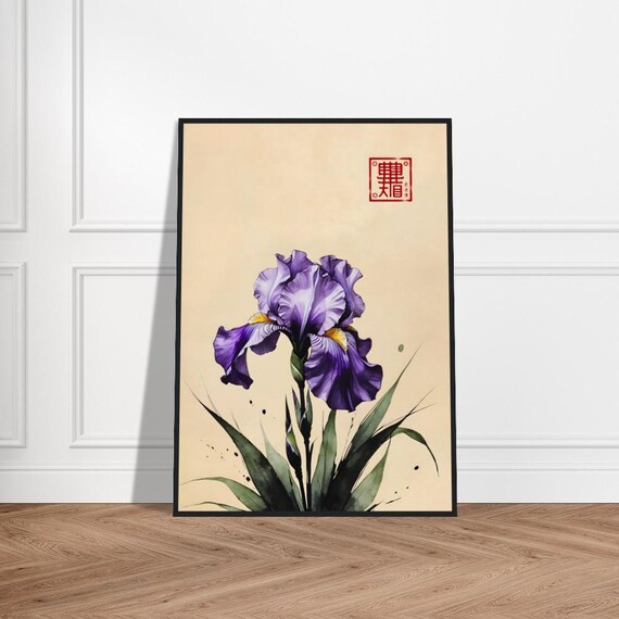 Purple Iris Bloom With Sword Leaves in Japanese Ink Style Poster