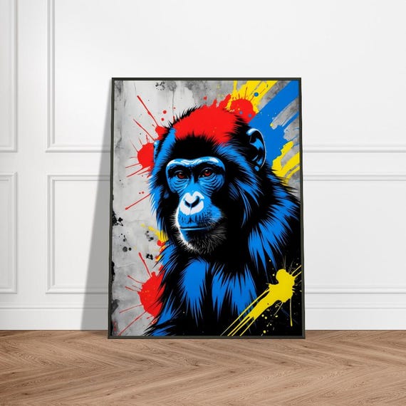 Vibrant Chimpanzee Art Print Japaneseinspired Ink Splash Design With Bold Blue Red And Yellow Accents Striking Wildlife Wall Decor