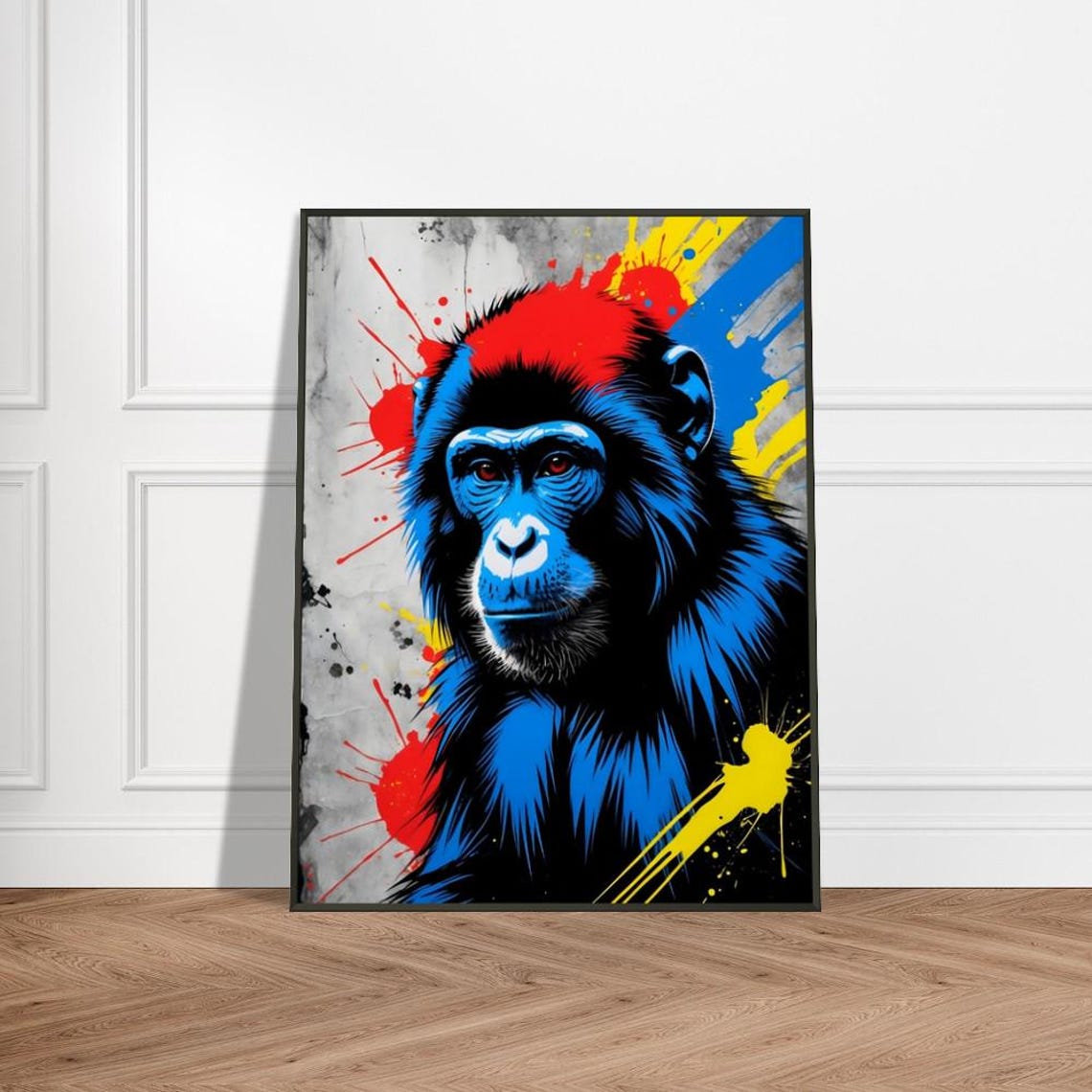 Vibrant Chimpanzee Portrait Neon Paint Splash Street Art Poster