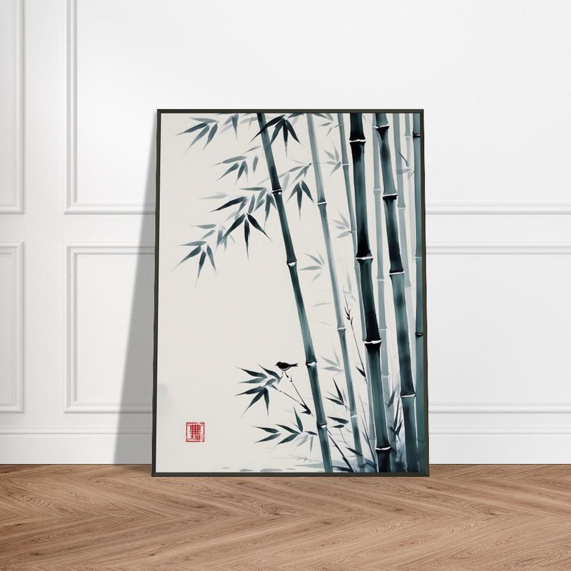 Elegant Bamboo Grove With a Small Perched Bird Ink Wash Poster